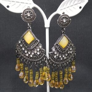 Vintage Bohemian Chandelier Earrings Amber Crystal Beads Rhinestones 1990s